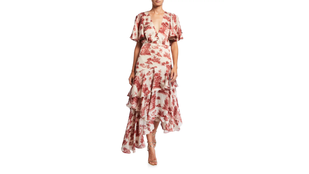 Johanna Ortiz Palm Toile Georgette V-Neck Ruffled Dress