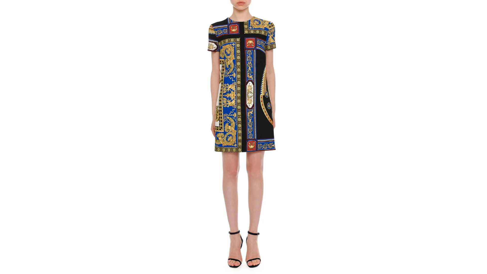 Neiman Marcus Sale Versace Short-Sleeve Crewneck A-Line Baroque-Print Dress