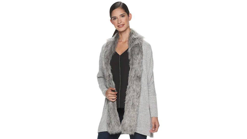 Buy Jennifer Lopez Collection and get UP TO 15% Kohl's Cash Back - Jennifer Lopez Faux-Fur Trim Completer Cardigan